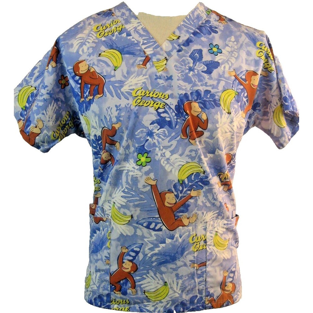Womens Curious George 100% Cotton Blue Floral Design Scrub Top sz L